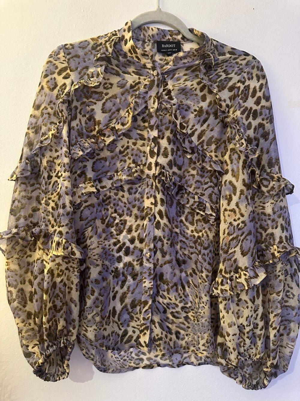 Bardot Animal Print Ruffle Blouse - Lavender and Tan - Preloved